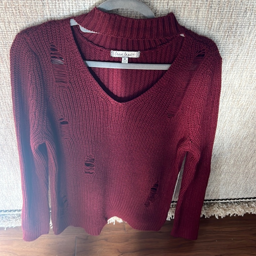 Burgundy, V-neck distress, sweater in size medium